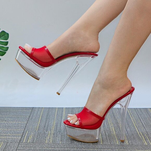 WOMEN'S CLEAR PLATFORM HIGH HEEL SLIDE – STRAPPY PEDESTAL STILETTO SANDALS - Picture 3 of 4